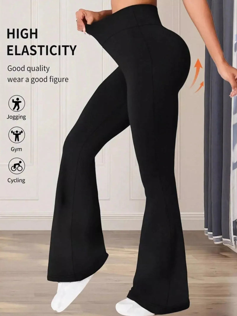 Black high-waisted leggings with text on high elasticity and suitability for various activities.