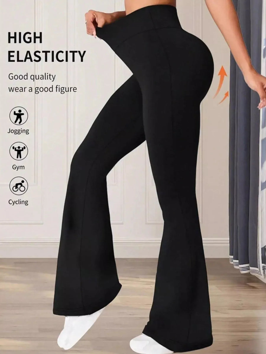 Black high-waisted leggings with text on high elasticity and suitability for various activities.