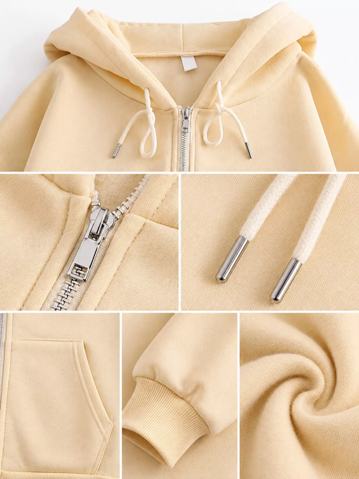 A collage showing a light cream-colored zip-up hoodie from multiple angles, including the hood, zipper detail, drawstrings, pocket, cuff, and fabric texture.