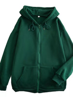 A dark green full-zip hoodie with a drawstring hood and front pockets, shown against a plain white background.