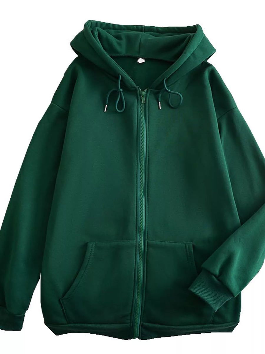 A dark green full-zip hoodie with a drawstring hood and front pockets, shown against a plain white background.