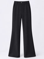 Black wide-leg trousers with a button closure and belt loops, shown against a plain white studio background.