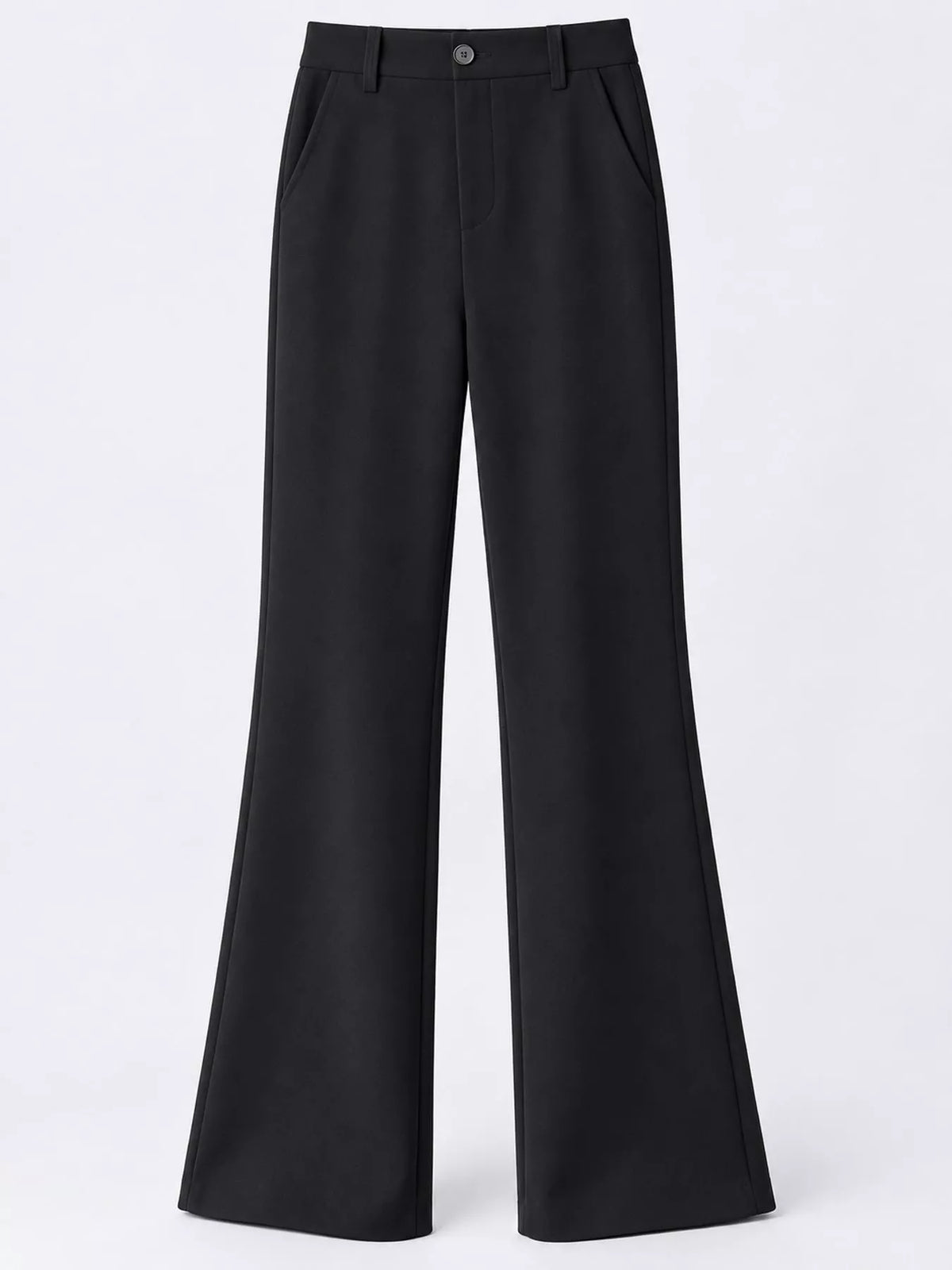 Black wide-leg trousers with a button closure and belt loops, shown against a plain white studio background.