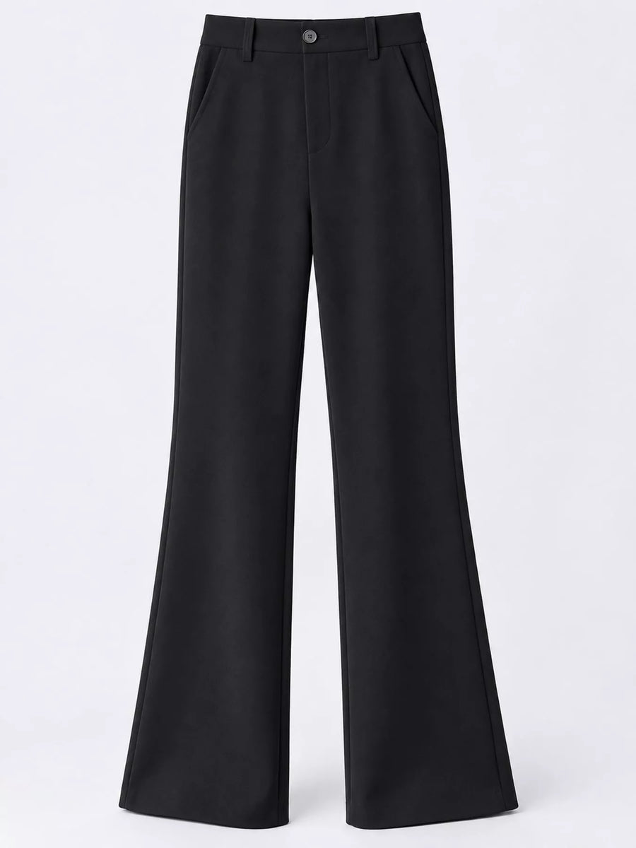 Black wide-leg trousers with a button closure and belt loops, shown against a plain white studio background.