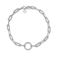 A gold-colored twisted link chain necklace with a large accent ring in the center and a secure lobster clasp.