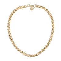 A gold-plated necklace with a braided chain design and a lobster clasp closure.