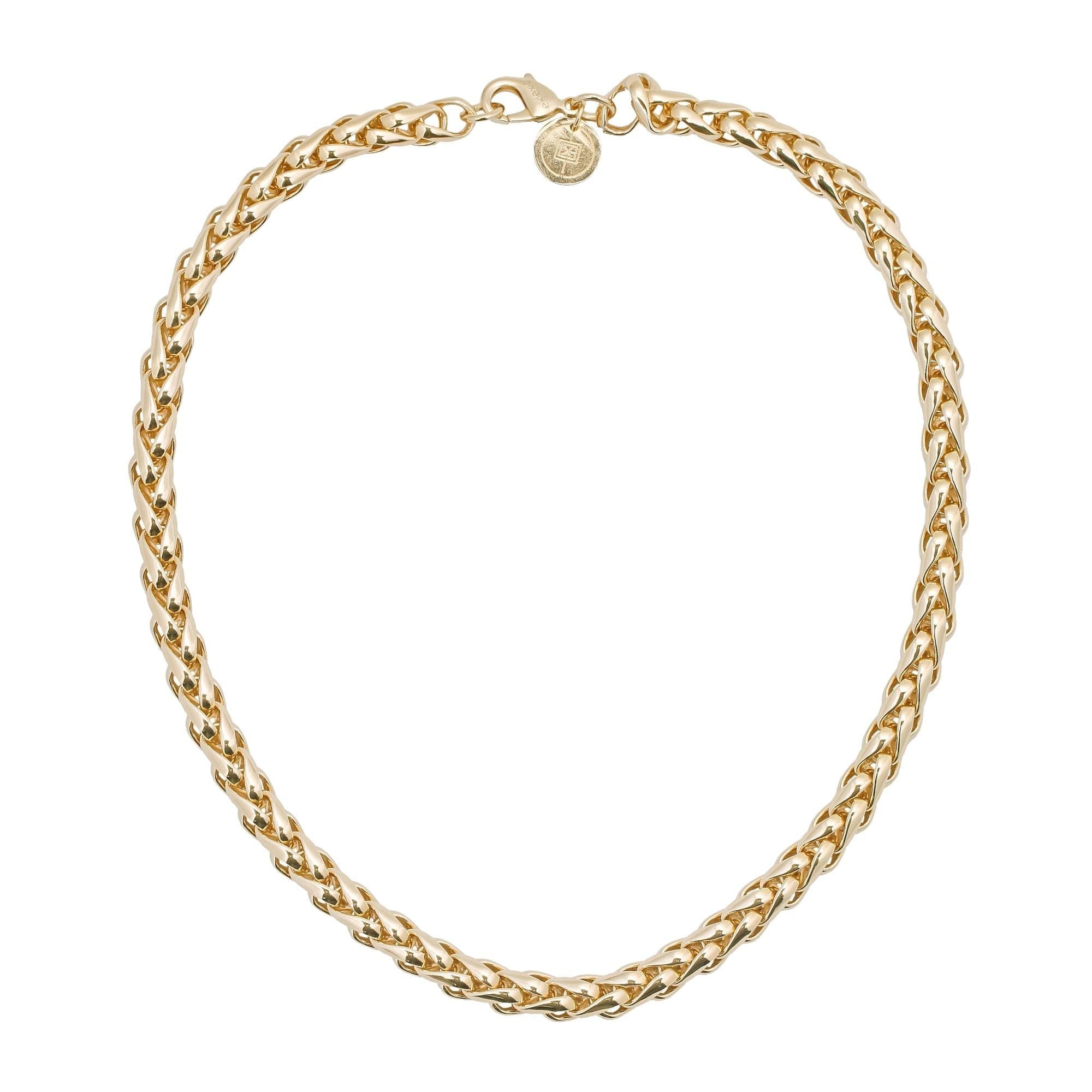 A gold-plated necklace with a braided chain design and a lobster clasp closure.