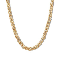 A gold-plated necklace with a braided chain design and a lobster clasp closure.
