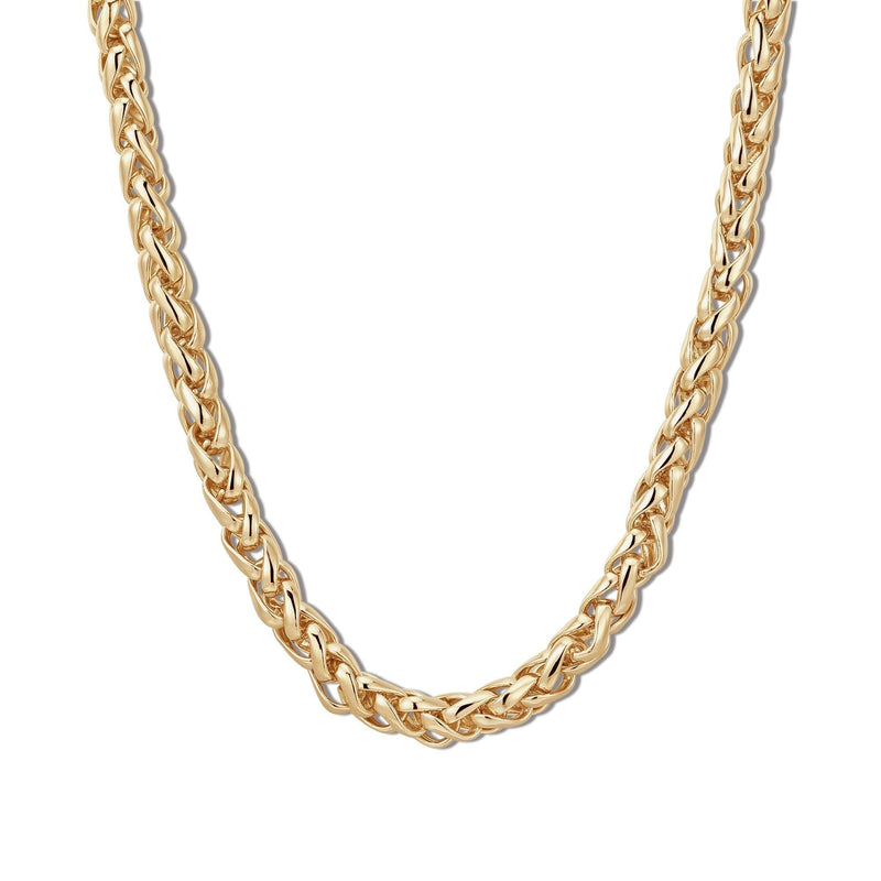 A gold-plated necklace with a braided chain design and a lobster clasp closure.