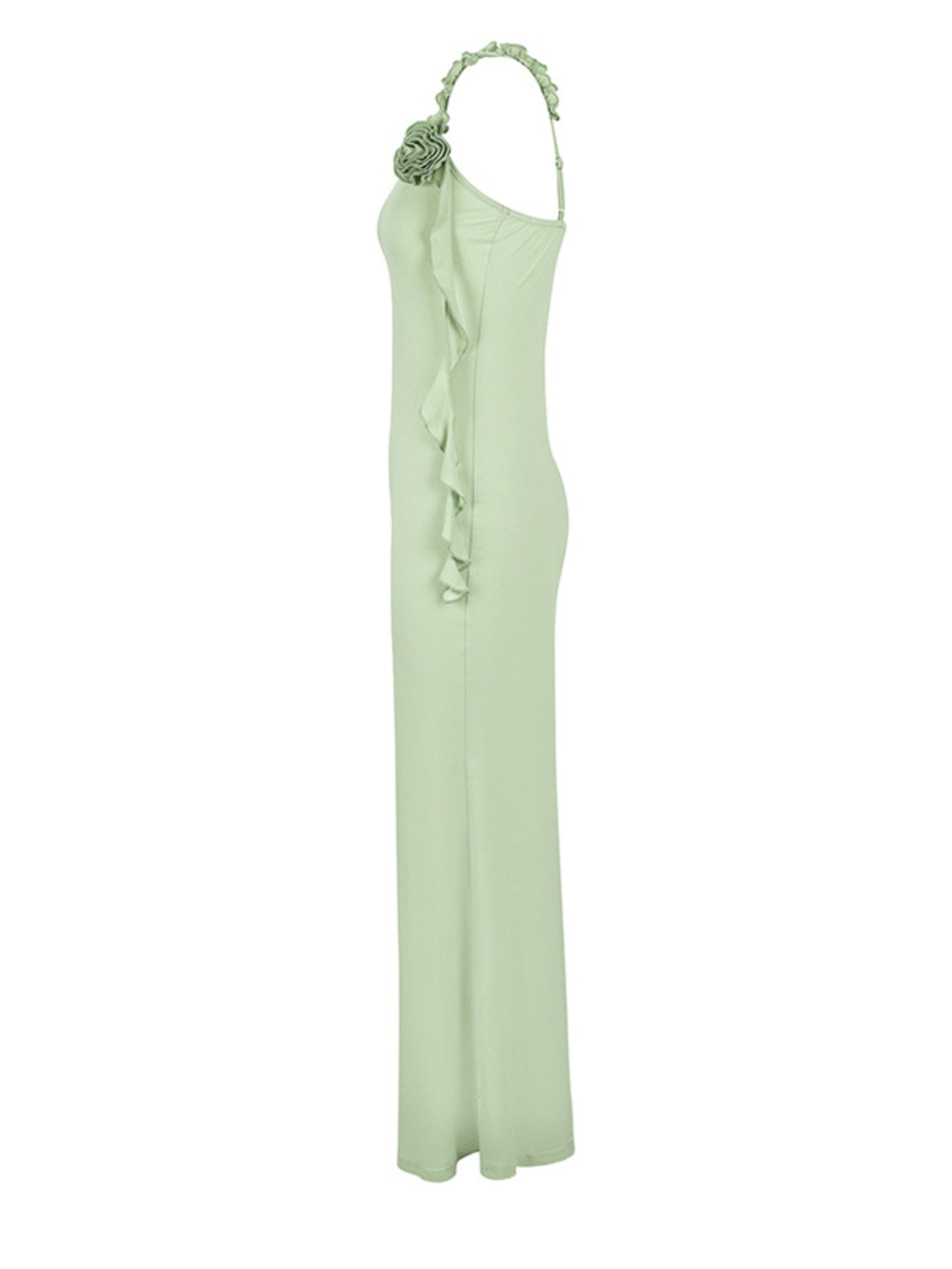Light green one-shoulder dress with floral detail on a white background