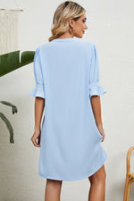 Back of blue Notched Flounce Sleeve Mini Dress