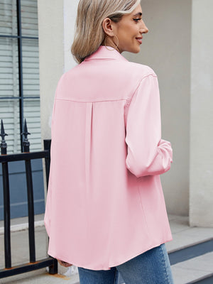 Back view of pink Solid Color Collared Neck Long Sleeve Shirt