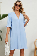 Front view of blue Notched Flounce Sleeve Mini Dress