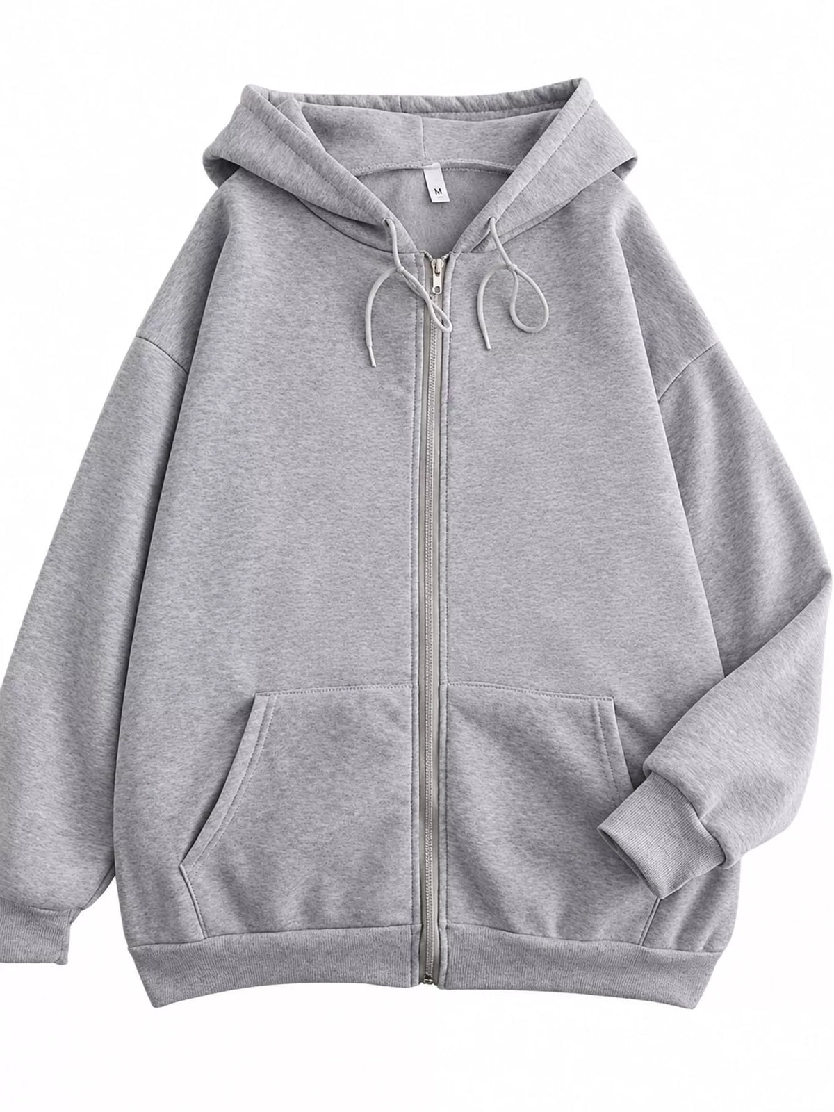 A light gray zip-up hoodie with a drawstring hood and front pockets, shown flat against a plain white background.
