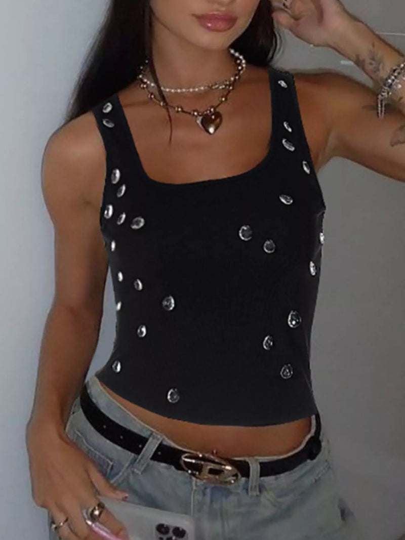 A front view of black Women's Bead Embellished Square Neck Tank