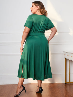 Back view of Honey Plus Size Short Sleeve Surplice Neck Midi Dress