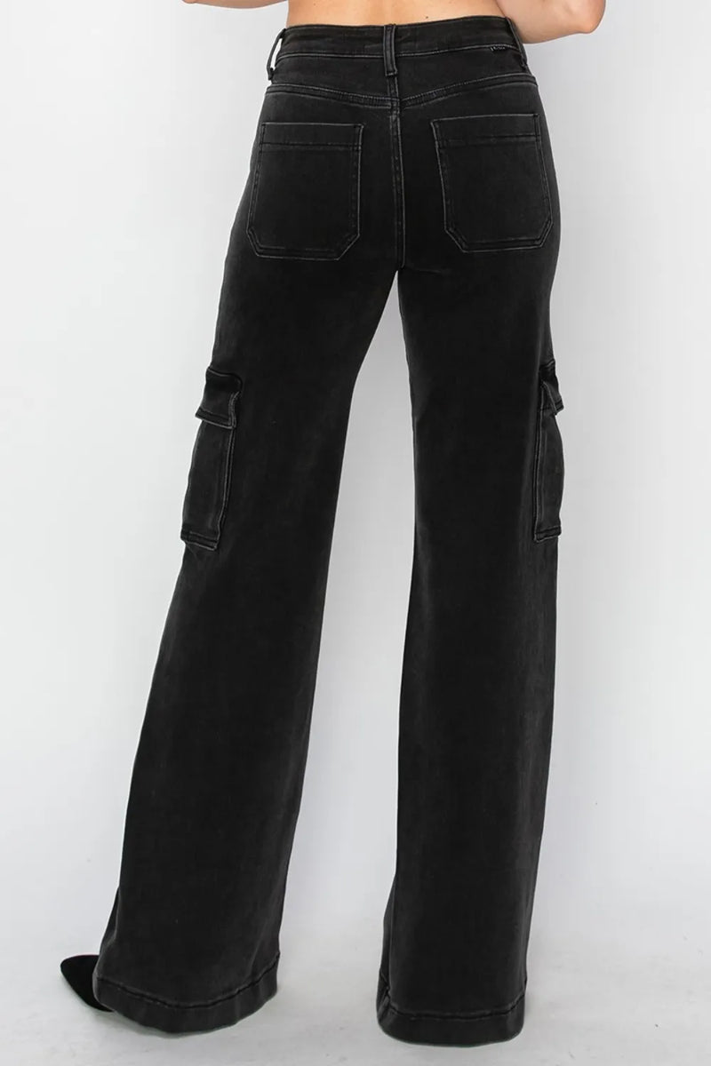 Black cargo pants on a white background