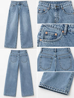 A collage showing a pair of light-wash blue denim jeans from multiple angles, including front, back, close-up waistband, pocket detail, and hem view, on a plain light background.