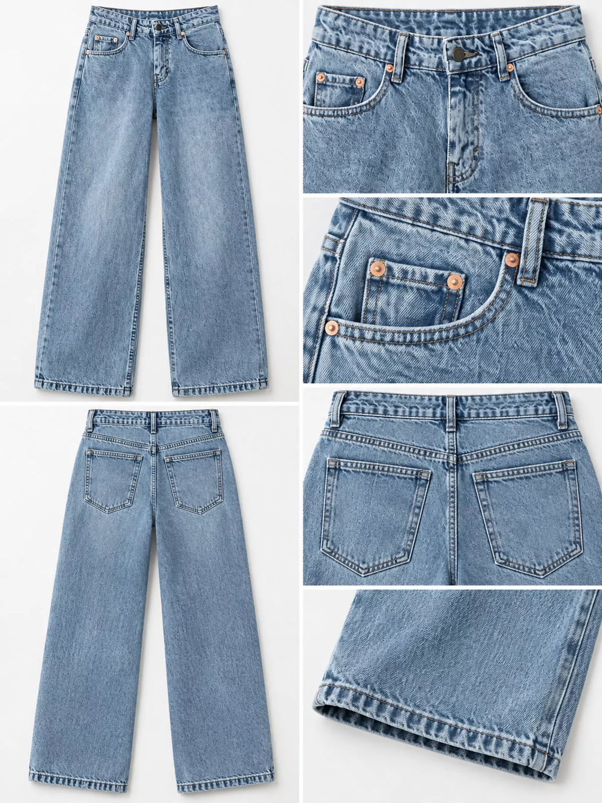 A collage showing a pair of light-wash blue denim jeans from multiple angles, including front, back, close-up waistband, pocket detail, and hem view, on a plain light background.