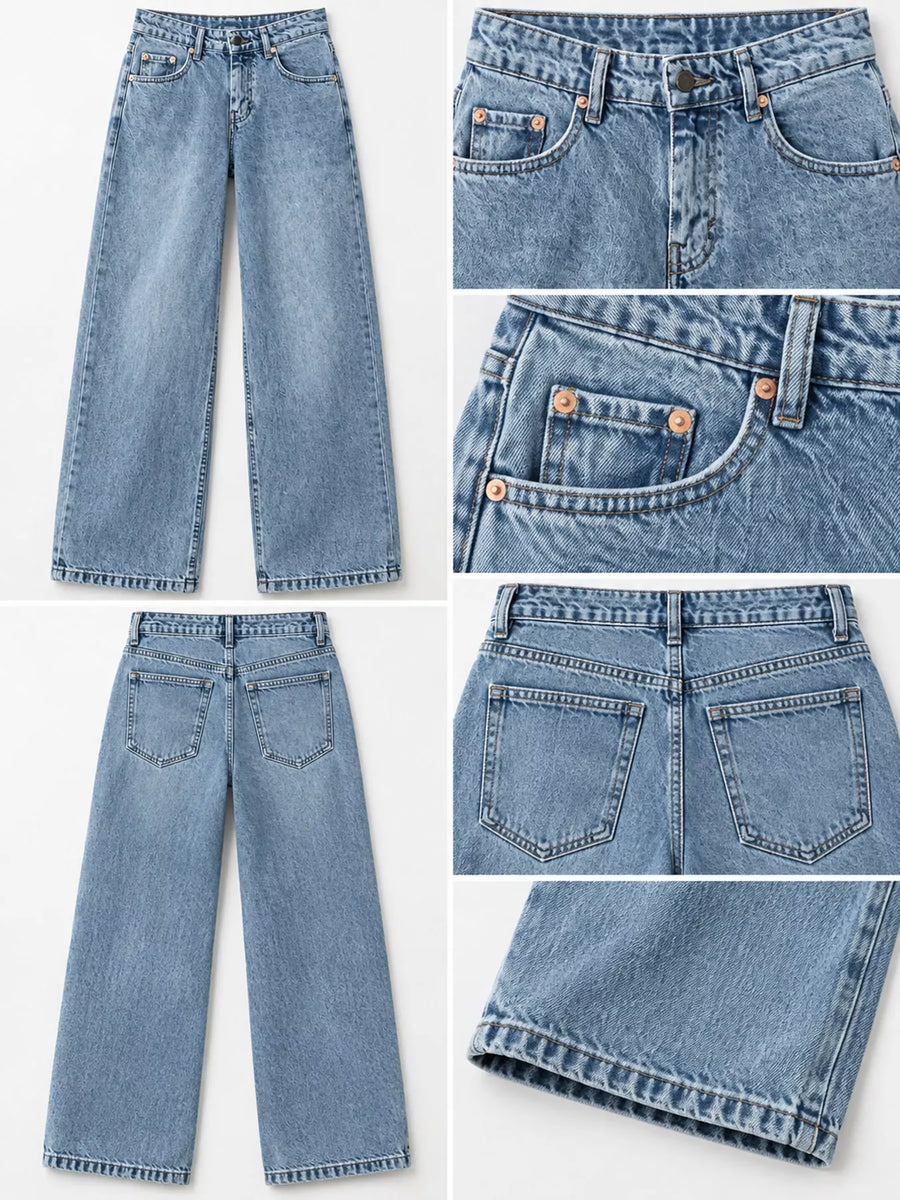 A collage showing a pair of light-wash blue denim jeans from multiple angles, including front, back, close-up waistband, pocket detail, and hem view, on a plain light background.