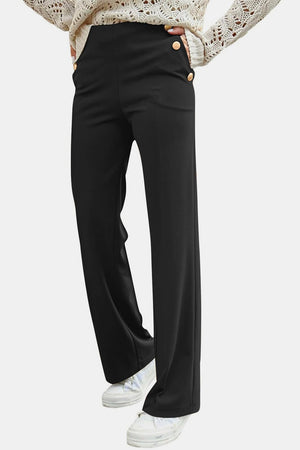 Front view of black Decorative Button High Rise Pants