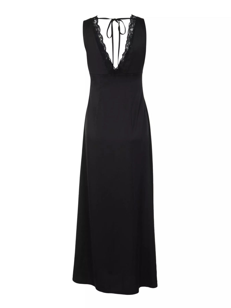 Black dress with lace detailing on a white background