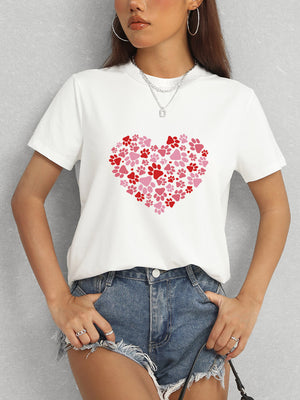 White Heart Round Neck Short Sleeve T-Shirt