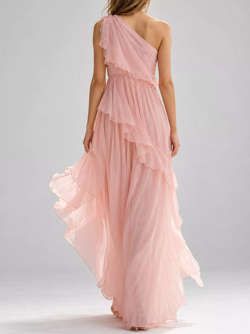 This is a view of the back of One-Shoulder Ruffled Chiffon Maxi Dress