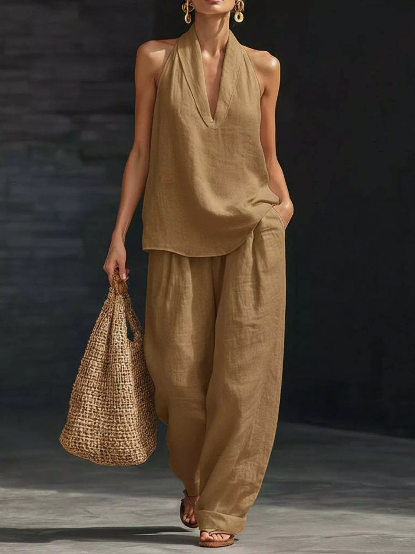 Woman in beige outfit holding a woven bag against a dark background