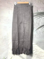 Gray High-Waisted Fringe Midi Skirt pictured on a gray backdrop