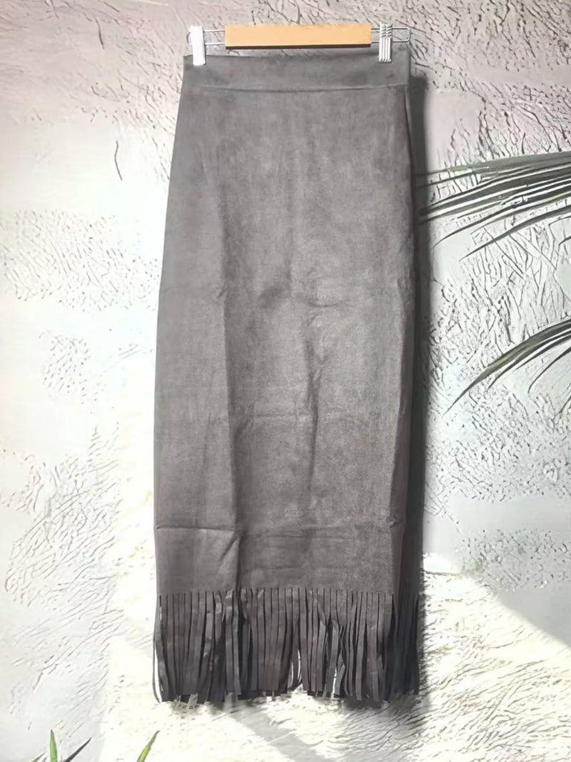 Gray High-Waisted Fringe Midi Skirt pictured on a gray backdrop