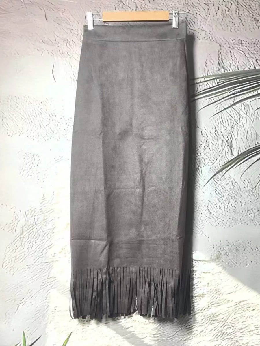 Gray High-Waisted Fringe Midi Skirt pictured on a gray backdrop