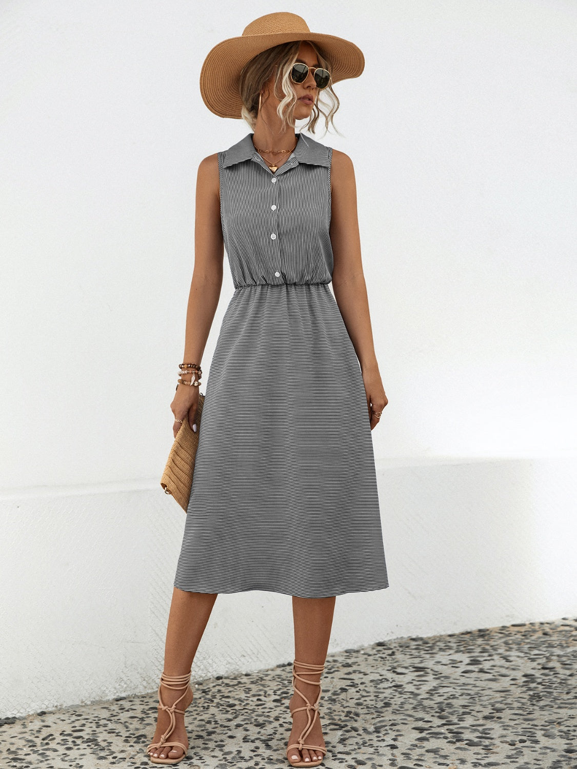 Gray Striped Collared Neck Sleeveless Midi Dress