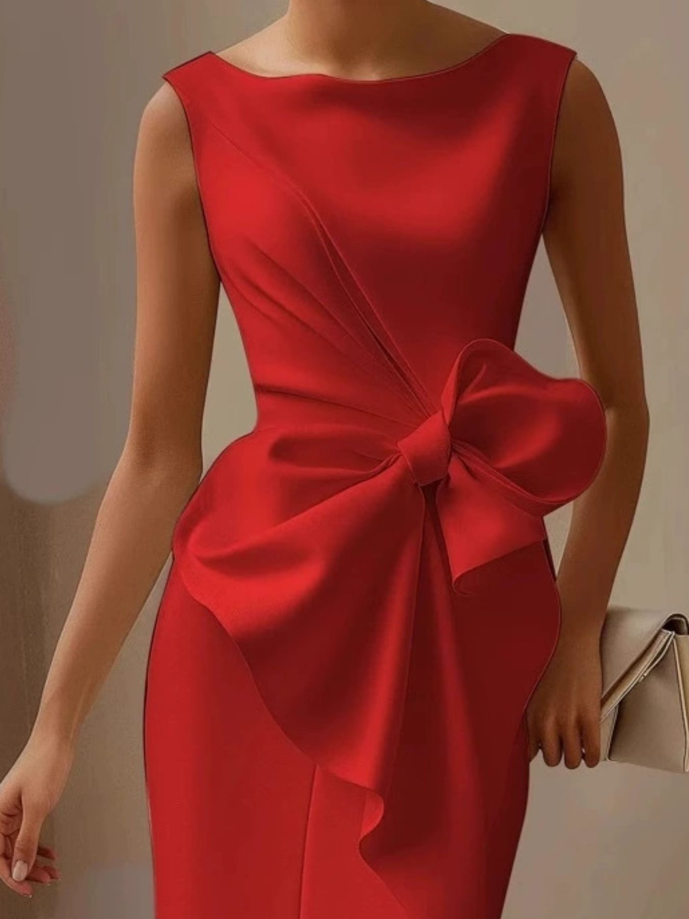 Red dress with a large bow detail on a neutral background