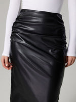 Close up view of black Slit Back Ruched Midi Skirt