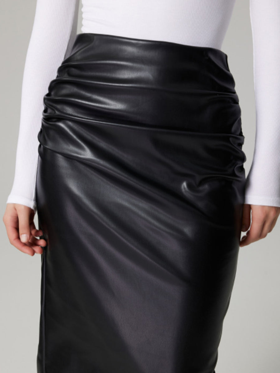 Close up view of black Slit Back Ruched Midi Skirt