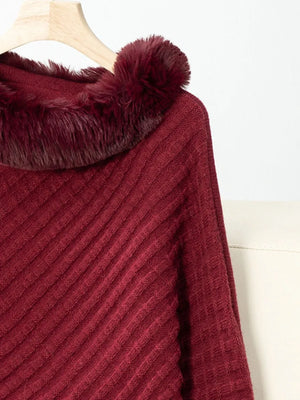 Maroon ribbed sweater with fluffy collar on a hanger against a white background