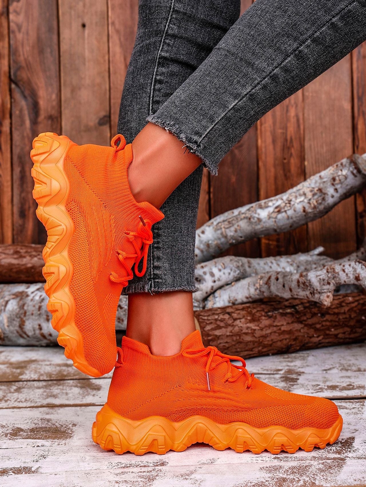 Orange Mesh Lace-Up Round Toe Athletic