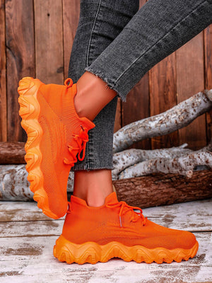 Orange Mesh Lace-Up Round Toe Athletic