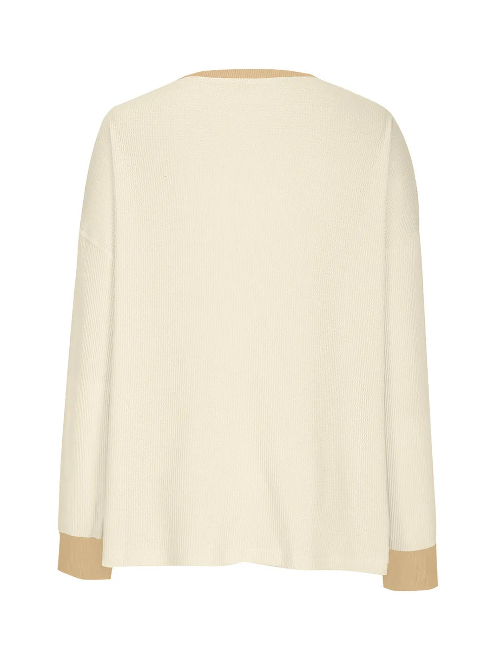 White sweater with beige cuffs and hem on a white background