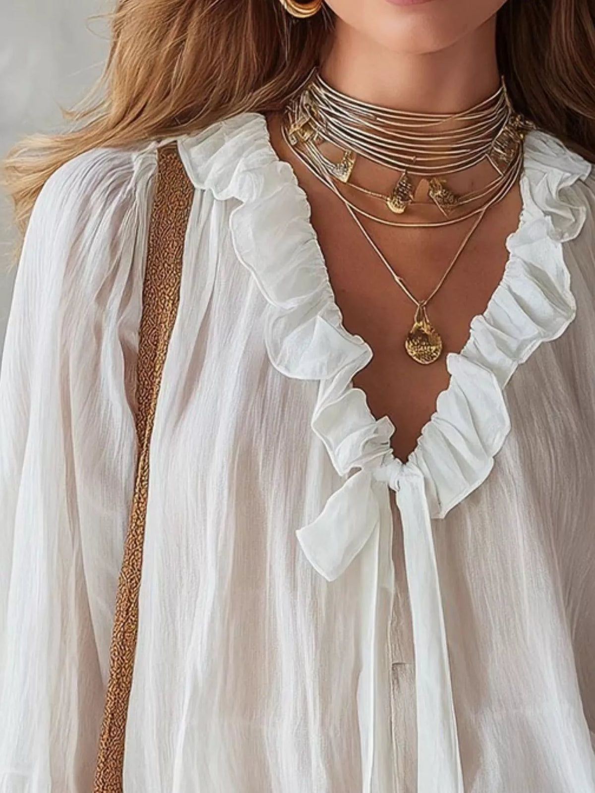 Close-up of a person wearing a white blouse with ruffled details and gold necklaces.