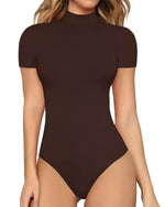 Brown bodysuit worn by a model on a white background
