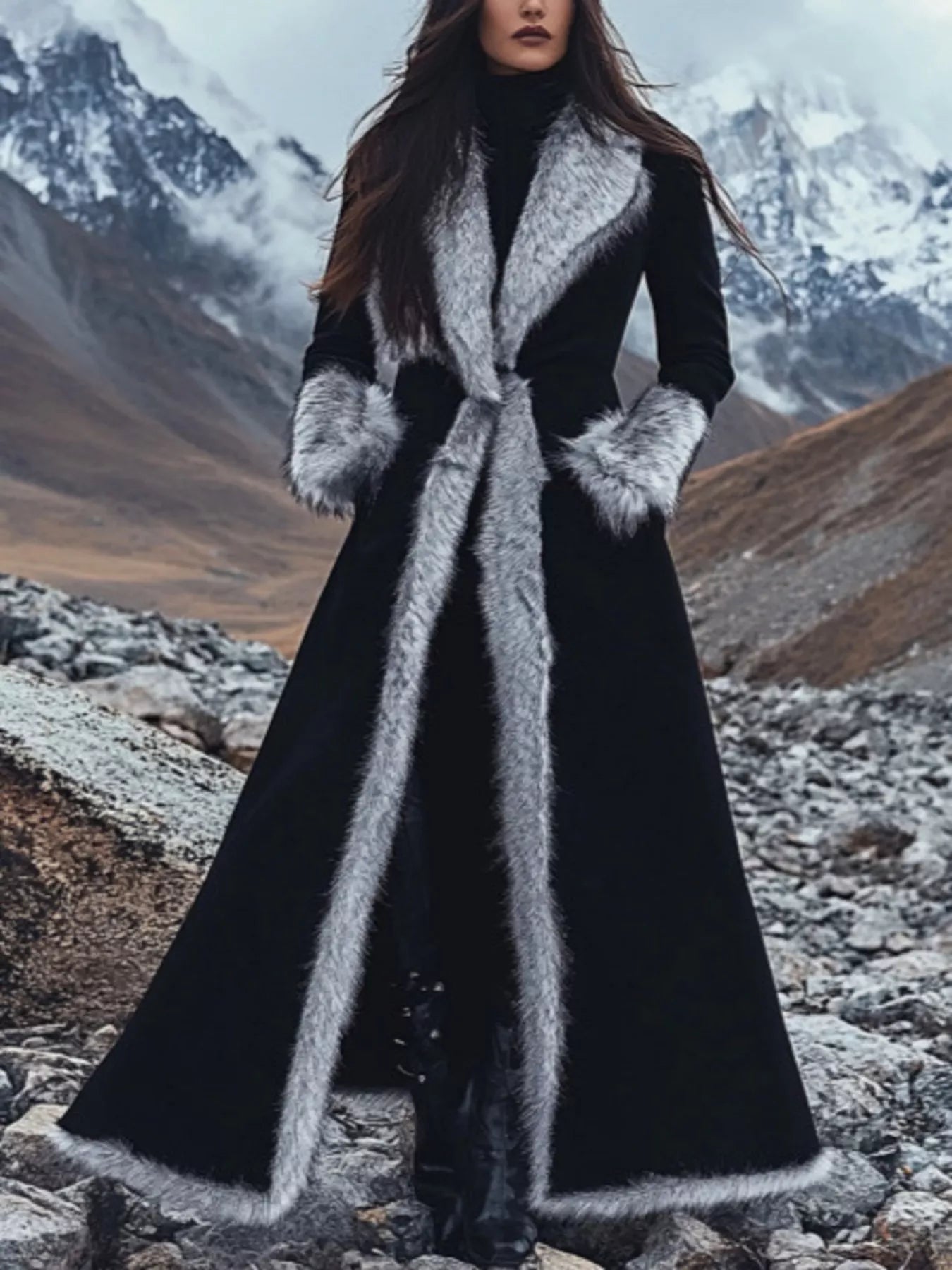 Person wearing a long black coat with fur trim in a mountainous landscape