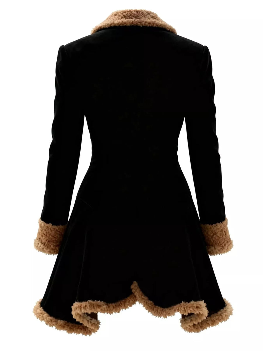 Black coat with brown fur trim on a white background