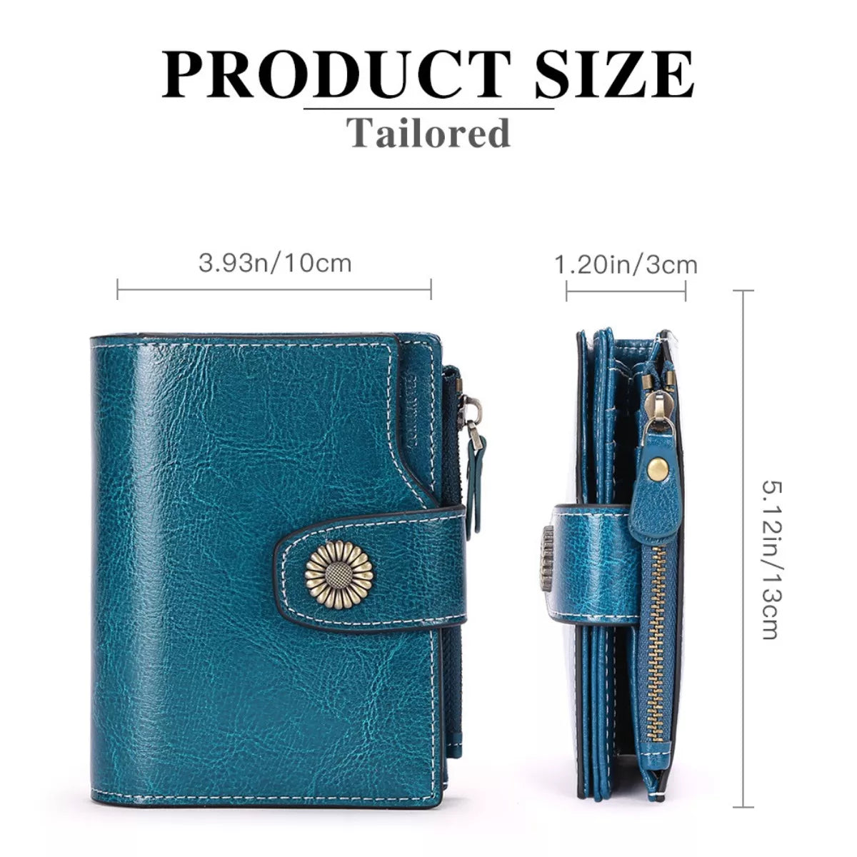 Blue wallet with measurements on a white background