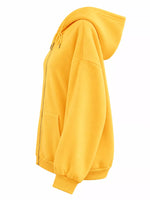 A bright yellow zip-up hoodie shown from a side profile view against a plain white background.