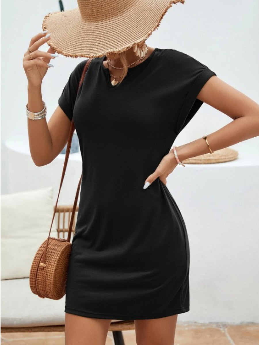 Front view of Notched Short Sleeve Mini Tee Dress