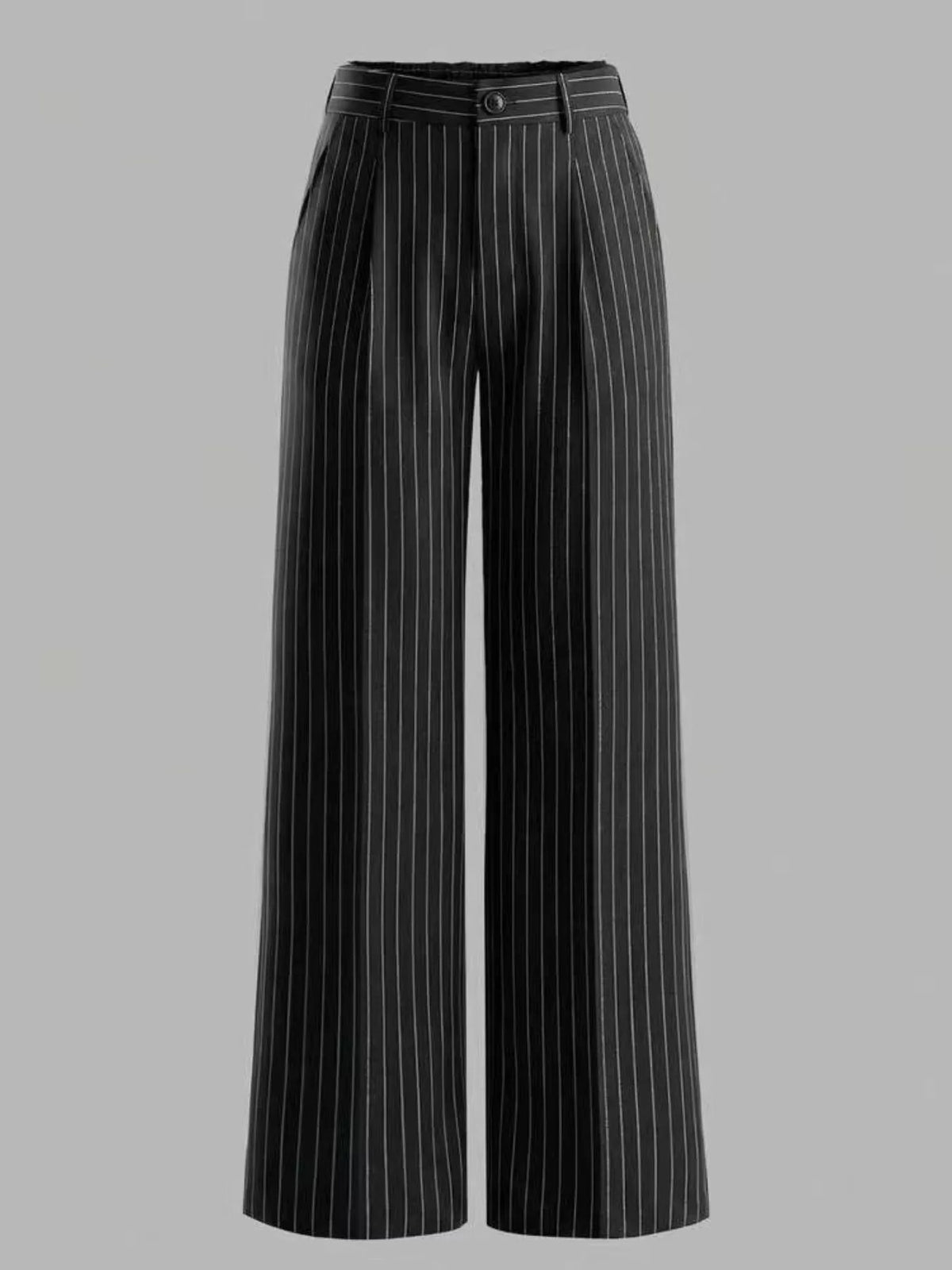 Black wide-leg trousers with thin white vertical pinstripes, shown on a solid gray background.