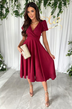Front view of burgundy Surplice Puff Sleeve Midi Dress