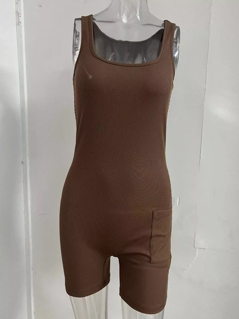Brown sleeveless jumpsuit on a mannequin against a white background